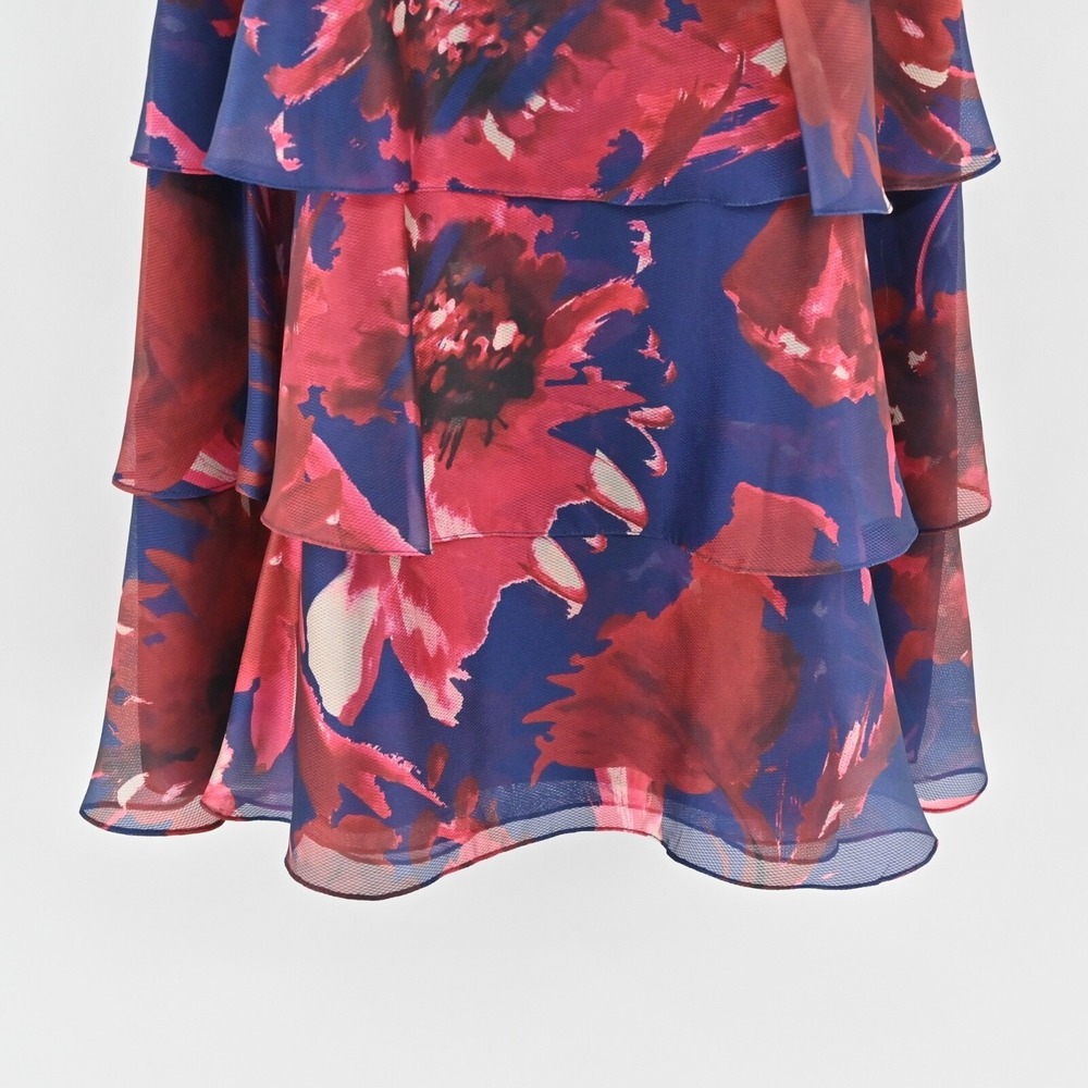 Rickie Freeman Teri Jon Floral Tiered Ruffle Dress Womens Sz 6 Navy Red Wedding - Picture 9 of 12